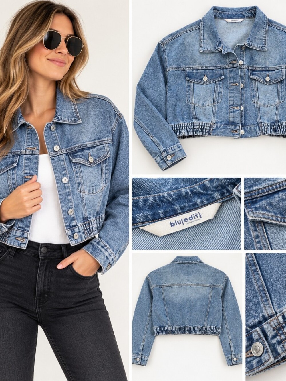 Blue Edit Cropped Light Wash Denim Jacket with Elastic Hem